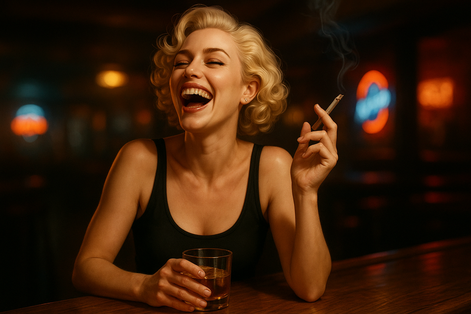 Ruthie laughing at the bar