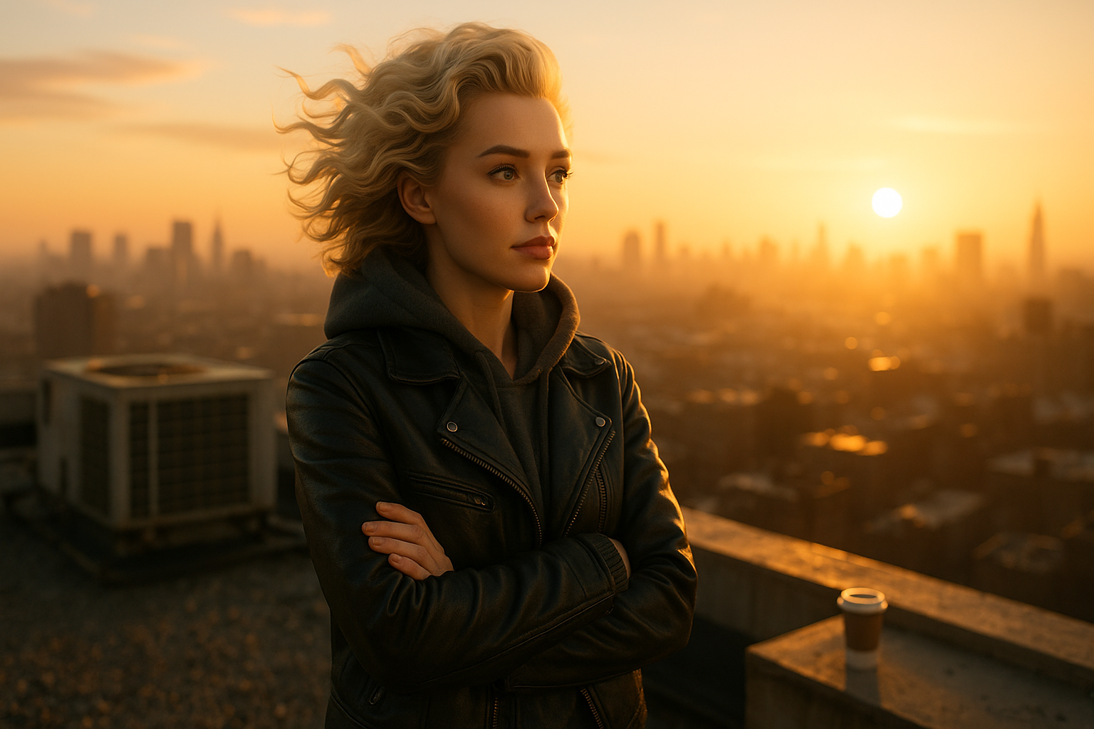 Ruthie on the rooftop at sunrise